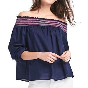 Navy with pink neckline off shoulder blouse